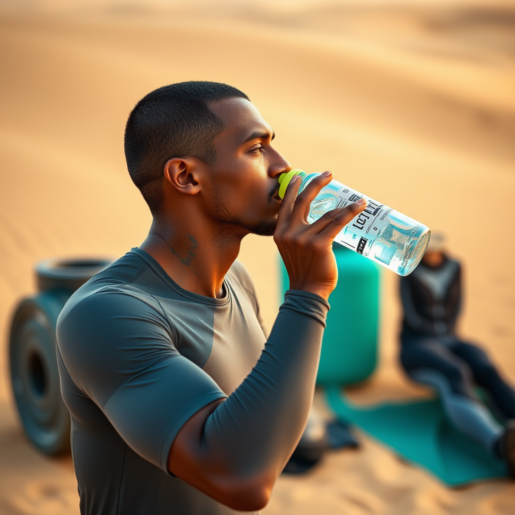 رياضي يشرب الماء من زجاجة رياضية في بيئة دبي الصحراوية مع معدات التعافي مثل الأسطوانة الرغوية وملابس الضغط في الخلفية