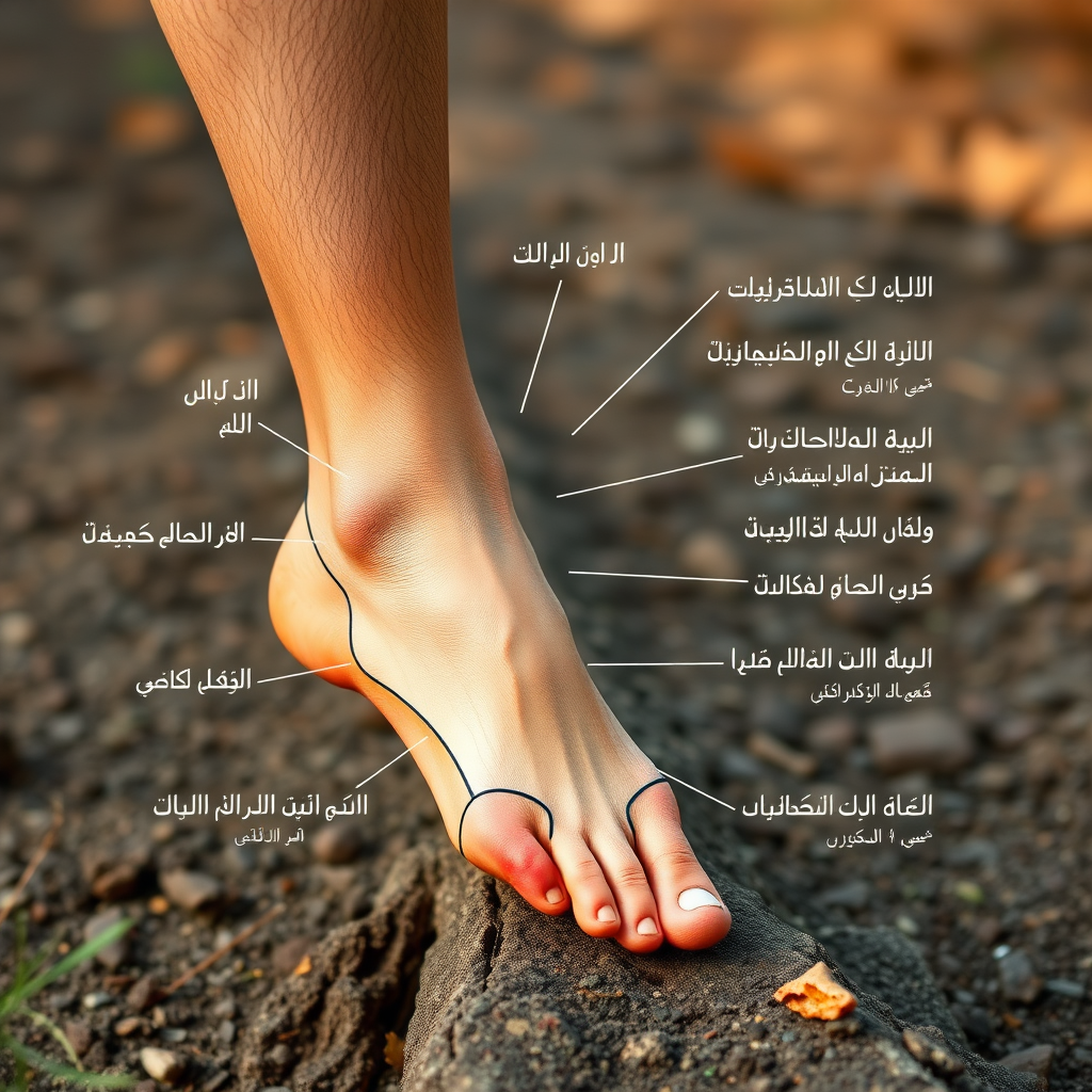 رسم بياني يوضح أجزاء القدم المختلفة وتأثير الأحذية الرياضية عليها مع تسميات باللغة العربية